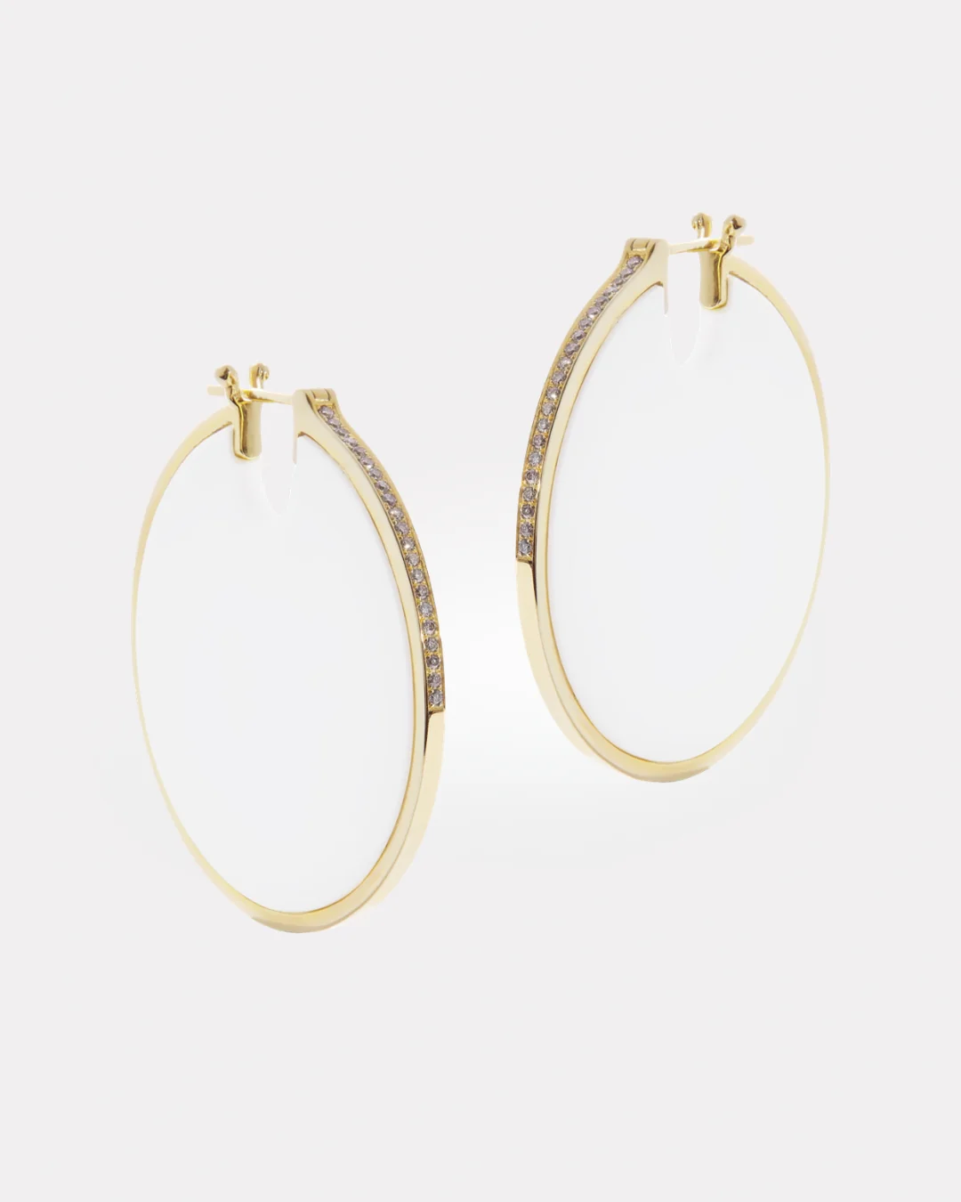 Large Lenticular Earrings - White Agate - 14K Natural diamonds